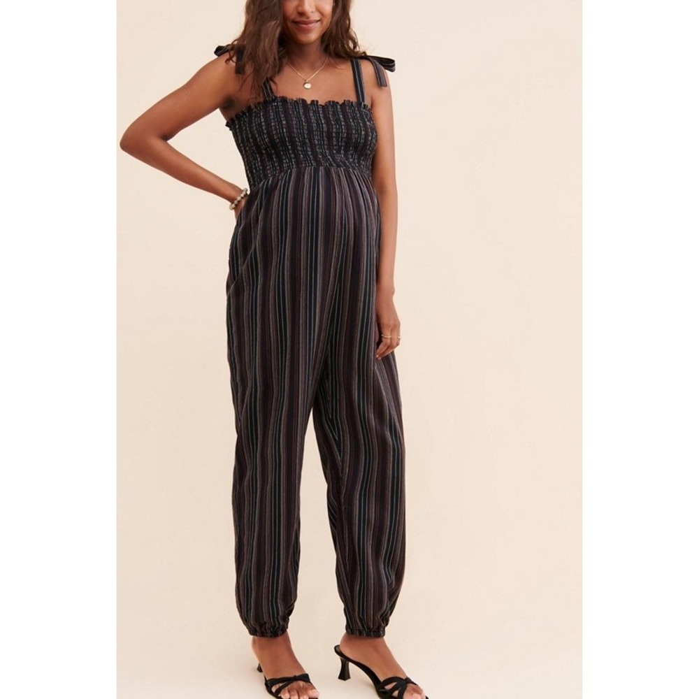 Hatch Maternity Jojo Jumpsuit Black Striped Smocked Tie Strap Cotton S M